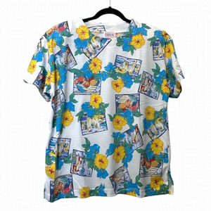 Vintage Tee Shirt Floral Coastal Top Perspective White Blue Yellow Festival Tee